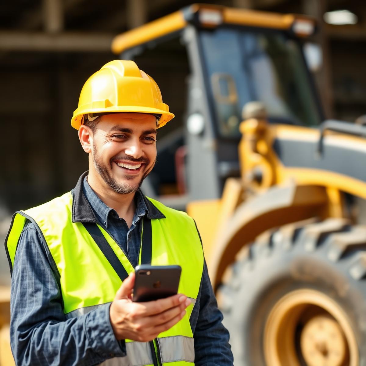 Operador de máquinas com capacete usando o celular na obra